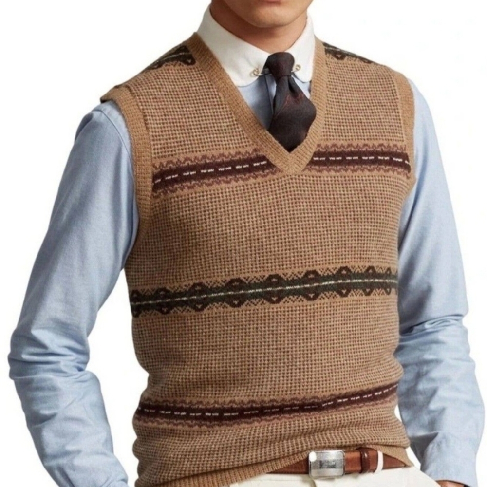 Polo Ralph Lauren Aviator Camel Brown Stripe V Neck Wool Sweater Vest NWT